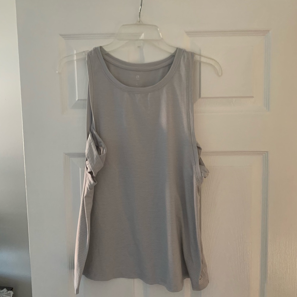 Grey and white stripped workout shirt